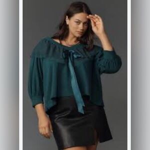 Maeve Anthropologie V-Neck Bow Sweater Teal Ruffle Collar Pullover Size 3X